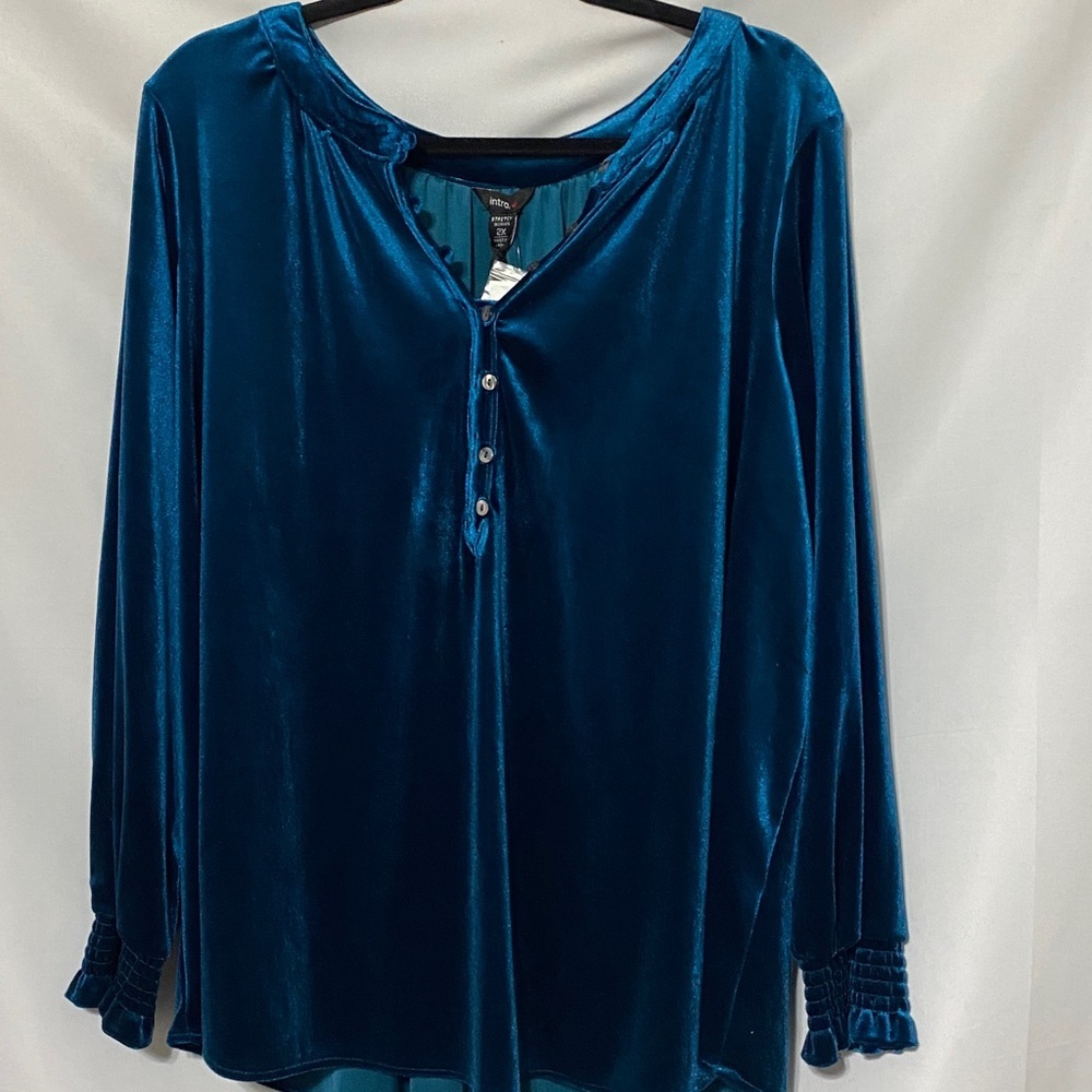 NWT INTRO STRETCH WO SIZE 2X   DEEP TEAL VELVET TOP FLOWY‎ BUTTON FRONT - Picture 6 of 11